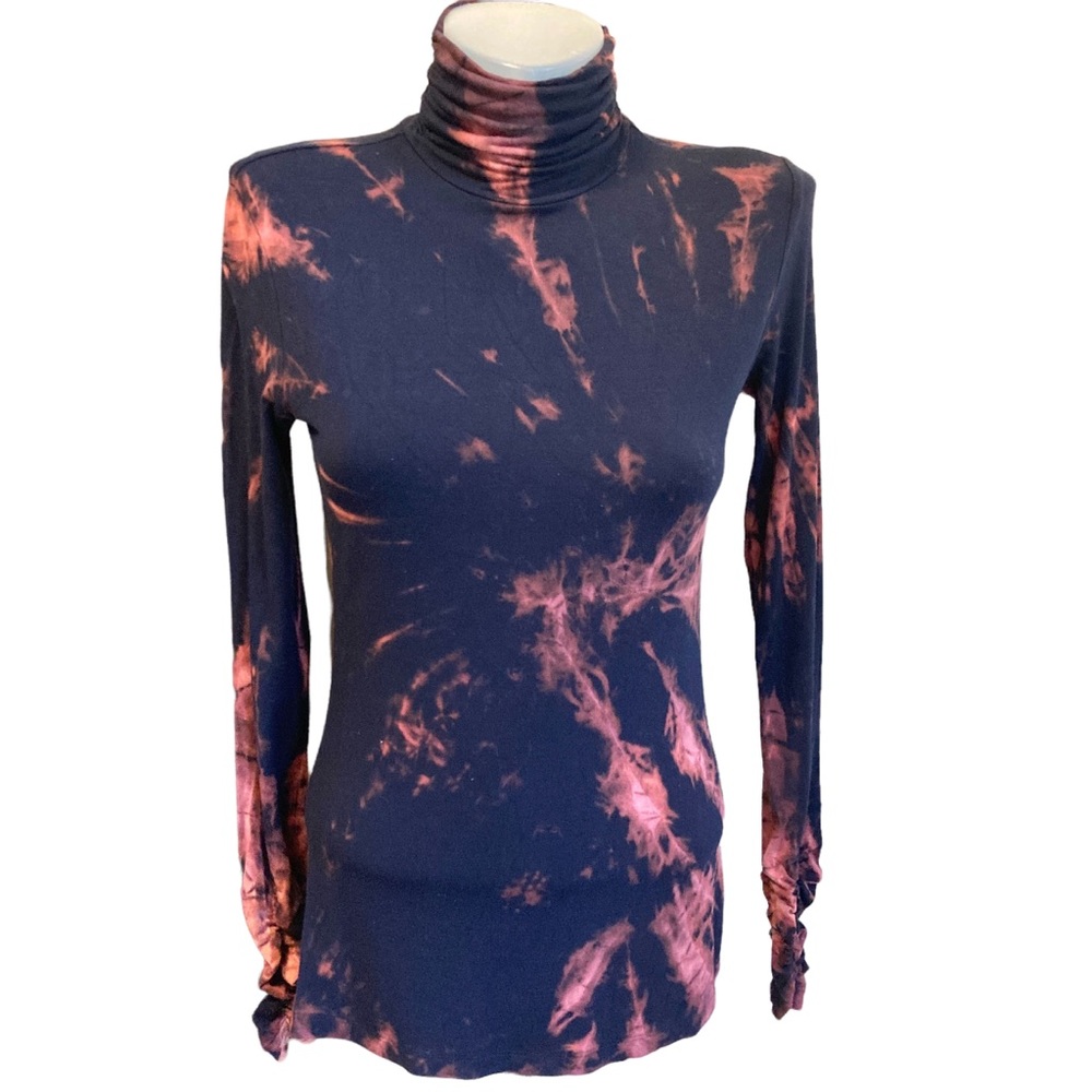 Premise studio turtleneck Navy blue pink tie-dyed size XS ruched neck & sleeve